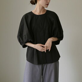 【30％OFF】ETRE TOKYO（エトレトウキョウ） ランタンスリーブノーカラーブラウス 1224310174-0 / レディース シャツ フォーマル オフィス 白 七分袖 襟なし 綿100 日本製【セール】