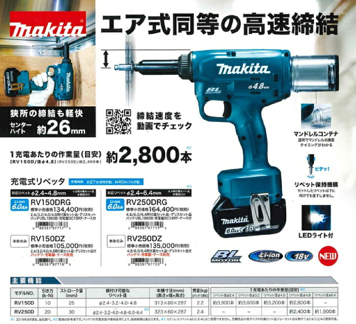楽天市場】マキタ 18V充電式リベッタ RV150DRG バッテリ、充電器、専用 