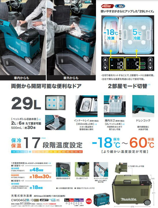 楽天市場】マキタ 充電式保冷温庫 CW004GZ 青 29L 本体のみ（40Vmax 