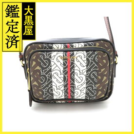 BURBERRY バーバリー ショルダーバッグ モノグラム ストライプ カメラバッグ ブラウン コーティングキャンバス レザー【473】 【中古】【大黒屋】