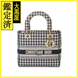 Dior ディオール 千鳥柄 レディーディオール ミディアム ハンドバッグ H0565BZAF M808 ネイビー GP ゴールド金具 2147100503951【200】 【中古】【大黒屋】