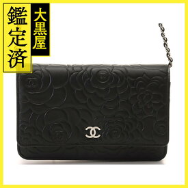 CHANEL シャネル カメリア チェーンウォレット A47421 ブラック/SV ラムスキン 18番台 【460】2147200501901 【中古】【大黒屋】