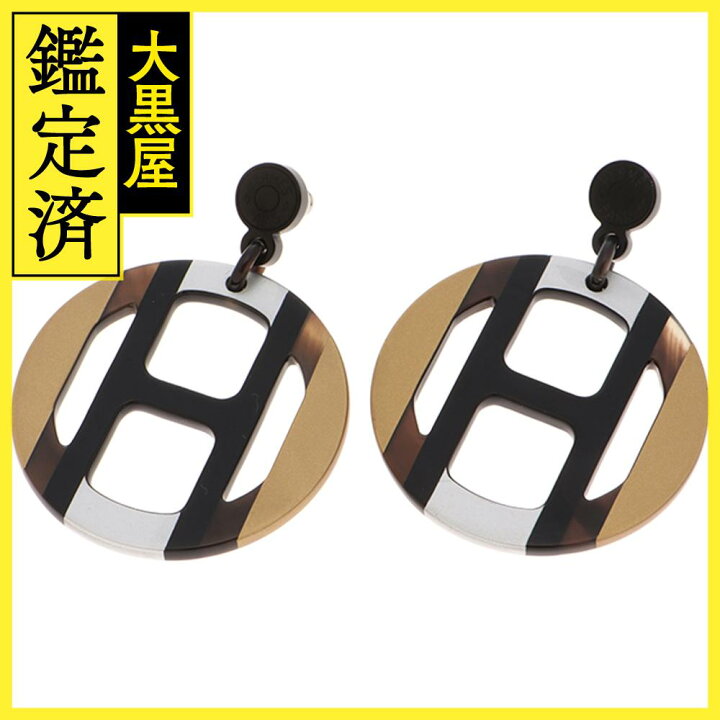 楽天市場】HERMES エルメス Hエキップピアス ブラック/ゴールド 