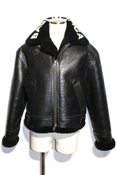 極美品□BALENCIAGA バレンシアガ 436548 Bombardier Shearling Jacket 羊革 襟元ロゴ ムートン フライトジャケット ブラック 36 正規品