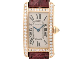 【送料無料】Cartier　カルティエ　タンクアメリカンSM　ピンクゴールド　革　クオーツ　ダイヤベゼル　WB707931　レディース　【432】【中古】【大黒屋】