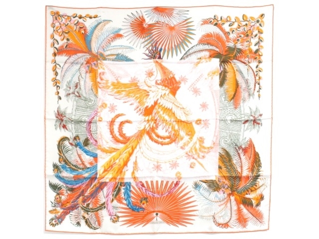HERMES　エルメス カレ90　スカーフ　Mythiques Phoenix　不死鳥の神話　オレンジ　ホワイト　シルク　【472】【中古】【大黒屋】  | 質屋　大黒屋