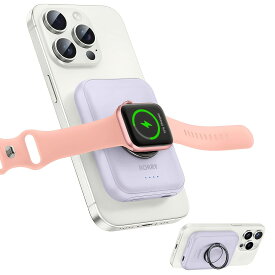 RORRY 【業界進化！magsafe対応モバイルバッテリー・スマホリング＆スタンド機能付】For Apple Watch充電器 ワイヤレス充電 5000mAh iPhoneとIWatch同時充電 小型 持ち運び便利 パススルー充電 急速 PSE認証済iPhone 15/14/13/12/Apple Watch Ultral2/Ultral/Series9/8/