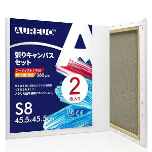 張りキャンバス セット S8 (45.5cmX45.5cm) 中目 綿化繊混紡 2枚 初心者 絵画用具 芸術絵創作 現代油絵 美術装飾 水彩画・油絵画・アクリル兼用