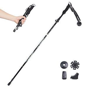 トレッキングポール 折りたたみ 登山ストック ウォーキングポール 軽量アルミ製 1本セット コンパクト 収納バッグ付属品付き (ブラック - 110cm)