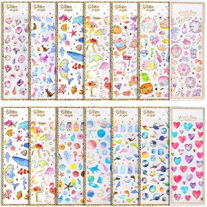 キラキラシール 女の子 14シート ごほうびシール 手帳ステッカー ぷくぷく シール キラキラ ハート 立体 デコ ステッカー ごほうび スケジュール帳 天体心柄と猫魚