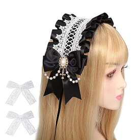 ロリータ リボン チャーム ロリータ ヘッドドレス ロリータ 髪飾り カチューシャ レース 蝶結び 萌え キュート かわいい コスプレ lolita メイドカフェ (黒)