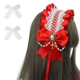 ロリータ リボン チャーム ロリータ ヘッドドレス ロリータ 髪飾り カチューシャ レース 蝶結び 萌え キュート かわいい コスプレ lolita メイドカフェ (黒)