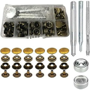 ジャンパーホック ステンレス鋼メタルボタン アンティークゴールド 15mm 18セット レザークラフト 工具 4種類 手芸/家庭/裁縫用 DIY 手作り ハンドメイド (収納ケース付き)