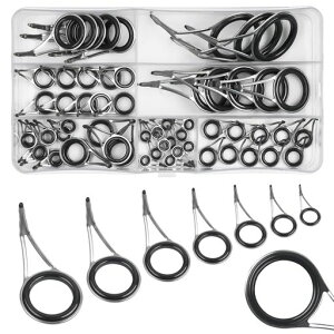 釣り竿ガイド修理セットロッドガイドリング交換修理用ステンレスゼラミック製ケース付き60個セット6#-25#