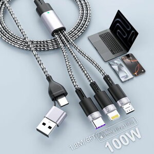 �y2026�V���f���z3in1�[�d�P�[�u��100W�}���[�dUSB-C+USB-AtoUSB-C/Lightning/Micro-USB�[�d�R�[�h1.8M���ϋv�i�C�����҂�LED�C���W�P�[�^�[�t��3�䓯���[�dMFI�F��
