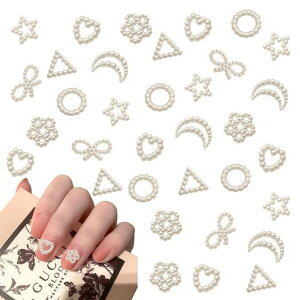 ネイルパーツパール約200個3D立体ハート型リボン星月円パールパーツ白大きめネイルデコパーツネイルアートジュエリーパーツハンドメイドランダム形(white)