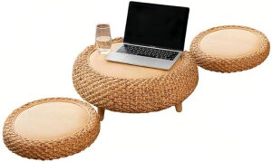 EastEamilyローテーブル円卓籐のコーヒーテーブル座布団2枚セット付き直径50x高さ25cm小さい2人用畳座卓籐編みちゃぶ台おしゃれ和風収納機能を備え食卓組立不要茶道瞑想バルコニーリビン…