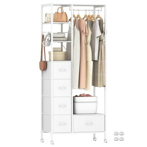 LunarLightハンガーラックワードローブ引き出し付き大容量頑丈全体耐荷重200kgキャスター付き棚板可動式収納付き洋服収納パイプハンガー洋服掛け衣類衣装クローゼットサイズ幅80奥行40高…