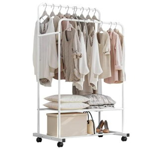 ハンガーラックダブルパイプハンガーキャスター付き洋服ラック2段メッシュ棚スチールラック丈夫クローゼット服収納ラック洋服掛け部屋干しスタンドおしゃれホワイト