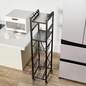 キッチンワゴン収納カート5段クッキング収納引き出しバスケットラック隙間収納スライド式移動式キャスター付きブレーキ付き組立簡単小物すき間ワゴン整理棚炭素鋼製各層バスケット…