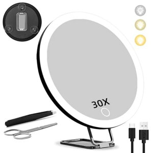 鏡拡大鏡メイク30倍ライト付きミラー化粧鏡360°調整可能なブランケット付き卓上鏡3光色無段階調光USB充電式コンパクト収納便利持ち運び便利【卓上ミラー/手鏡/吊り下げ式ミラー3in1】ピ…