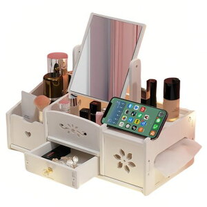 ドレッサー化粧台鏡ミラー鏡台卓上メイク台メイクボックス大容量コスメ収納ケース化粧品ボックスかわいい組み立て引き出し付き角度調整可のミラーおしゃれ省スペース(D)