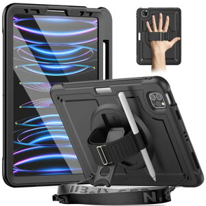 TimecityiPadPro11インチケース第4/3/2/1世代耐衝撃iPadAir第5/4世代ケースペン収納360回転スタンド保護フィルム付き調整可能なハンド/ショルダーストラップ現場防塵1メートルテスト落下保護