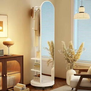 全身鏡全身ミラー360度回転収納付ミラーミラーラック木製木目調ハンガーラック付きハンガーフック付きスタンドミラー円型姿見鏡(ホワイト(キャスター付き)長さ172x幅40cm)