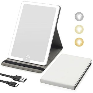 鏡卓上ライト付きミラー化粧鏡卓上鏡大容量バッテリー女優ミラー持ち歩きやすい鏡ライト付き【3つ光色/無段階調光/角度調節可能/折りたたみ式/PUレザーカバー/充電式】旅行・日常メイ…