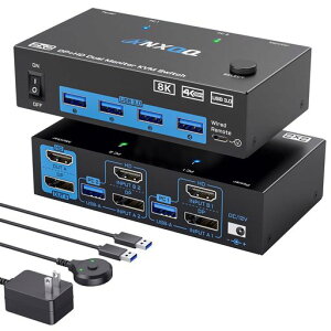 ANXQQ2����2�o��KVM�X�C�b�`HDMI+DisplayPort�A8K@60Hz/4K@120HzHDMI+Displayport�ؑ֊�A4��USB�f�o�C�X�����L�A�L�������R���Ɠd���A�_�v�^�[�t��