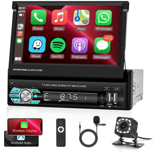 1DIN���C�����XCarplay&AndroidAuto7�C���`HD�t���b�v�A�E�g�^�b�`�X�N���[���Ԃ̃��W�I�܂��ݎ�