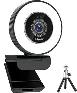 Spedalウェブカメラ4Kリングライト付き、プライバシーカバー内蔵&デュアルマイク、快速オートフォーカス、明るさ調整可能、三脚付きUSBストリーミングウェブカメラ(ブラック)