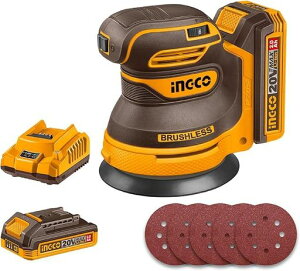 INGCO20V�R�[�h���X�����_���I�[�r�b�g�T���_�[125mm�A�u���V���X���[�^�[�A6�i�ϑ��A1��2.0Ah�o�b�e���[��1�̏[�d��t��CROSLI20021