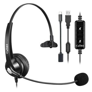 CallezヘッドセットUSB片耳USBType-C変換ケーブル付属片耳対応有線左右両兼用330°回転音量調節ノイズキャンセリングマイク付きオーディオ制御