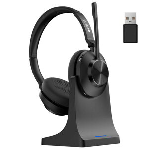 Voistek業務用ワイヤレスヘッドセットBluetooth5.3ヘッドセット充電スタンド付きUSBドングル両耳:新型ノイズキャンセリングマイク付き単一指向性ボタン操作ミュートボタン付き2台同時接続50…