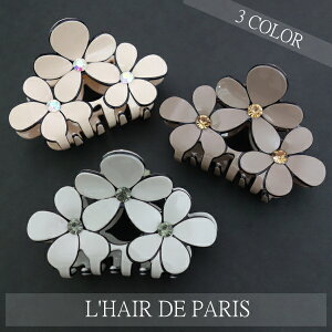 ■L'HAIR DE PARIS■■バイカラーシアー3BIGフラワーエレガントバンスクリップ■スワロフスキー■ ヘアアクセサリー ヘアクリップ■三角ミニヘアアクセ 髪飾り 髪留め■シンプルフォーマル上