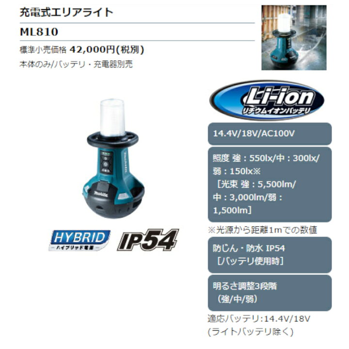 楽天市場】マキタ 充電式エリアライト ML810 本体のみ(バッテリ・充電 