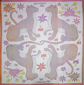 【美品】HERMES シルクモスリン カレ140 Les Leopards レオパード 大判スカーフ ストール シルク100％ ローズ オレンジ バイオリン ブランド小物 5463945MR【中古】