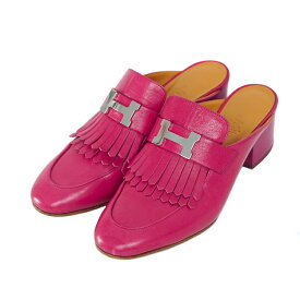 HERMES チュイルリー ミュール フリンジサンダル Hロゴ カーフレザー ローズ ピンク系 シルバー金具 37 靴 ブランドシューズ 5s59330m【中古】