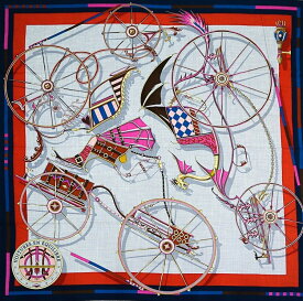 【新品同様】HERMES カレジェアン カレ140 Voitures en Equilibre 精巧な馬車 カシシル 大判ストール カシミア シルク マリン グリシネ オレンジ ブランド小物 5500012j【中古】