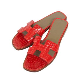 HERMES オラン Oran サンダル ゼラニウム クロコダイル レザー 37.5 Hサンダル ブランドシューズ 5s59465m【中古】