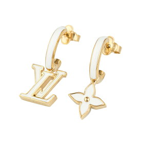 【美品】LOUIS VUITTON ピアス フープ LV アイコニック M02283 エナメル メタル ホワイト ゴールド ブランドアクセサリー 5552850m【中古】