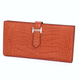 【新品同様】HERMES ベアンスフレ 二つ折り長財布 ルージュインディアン アリゲーターマット クロコダイルレザー □Q刻 ブランドウォレット 3s40940j【中古】