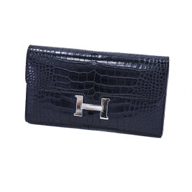【中古】HERMES コンスタンスロング C刻印 2018年 男女兼用財布 長財布 アリゲーターマット エキゾチックレザー クロコ シルバー金具 ネイビー 5368370J