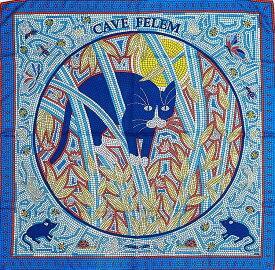 HERMES カレ90 大判スカーフ CAVE FELEM 猫に注意 マリン ルージュ ゴールド シルク100％ モザイク柄 ブランド小物 5586179m【中古】