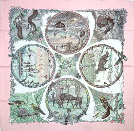 【美品】HERMES カレ90 大判スカーフ LES QUATRE SAISONS 四季 シルク100％ ピンク ベージュ グレー アニマル ブランド小物 5614634m【中古】