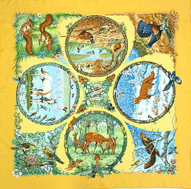 【美品】HERMES カレ90 大判スカーフ LES QUATRE SAISONS 四季 シルク100％ イエロー グリーン ブラウン アニマル ブランド小物 5622828m【中古】