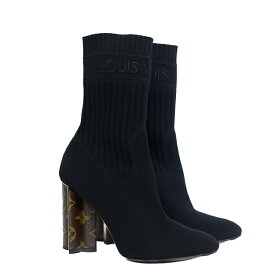 【美品】LOUIS VUITTON シルエット ライン アンクルブーツ モノグラム・フラワーヒール レディースブーツ ストレッチブーツ 1A855A ストレッチテキスタイル ブラック 6005140m 【中古】