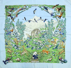 エルメス カレ90 大判スカーフ SICHUAN 四川省 ライトブルー マルチカラー シルク100％ パンダ アニマル 鳥 ブランド小物 HERMES 6020840m【中古】