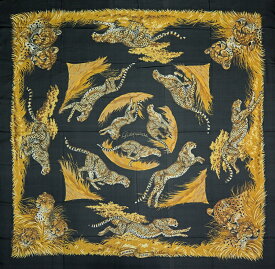 【美品】 エルメス シルクモスリン カレ140 大判ストール スカーフ GUEPARDS チーター ブラック ブラウン イエロー シルク100％ ブランド小物 HERMES 6049148m【中古】